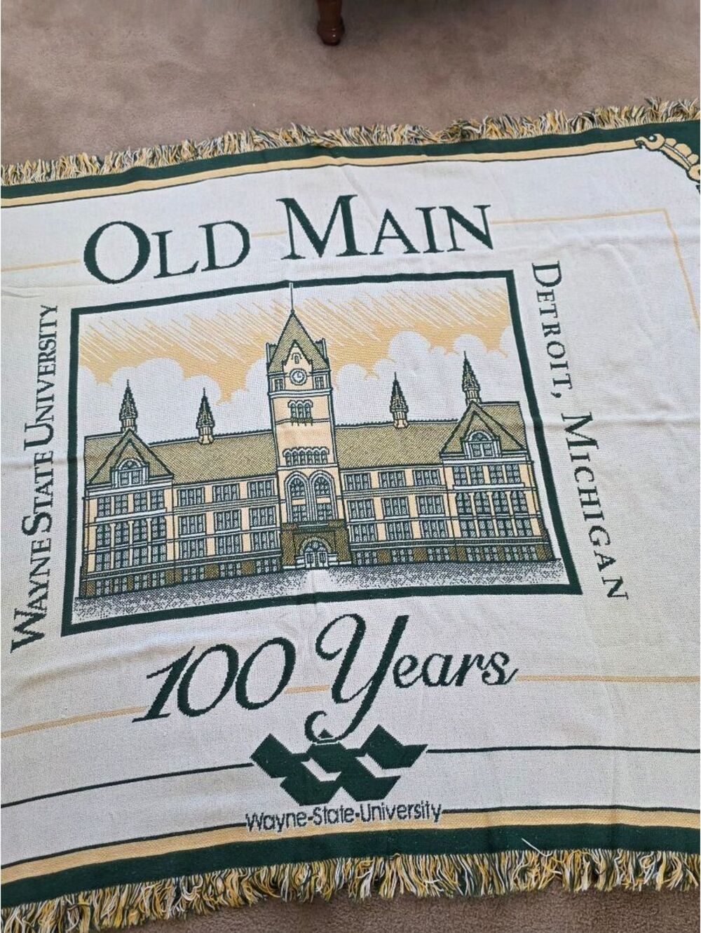1997 Wayne State University Old Main 100 Years Woven Throw Blanket Detroit